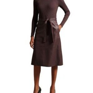 Ted Baker NWOT Alltaa mixed media fit and flare faux leather Plum Dress size 5